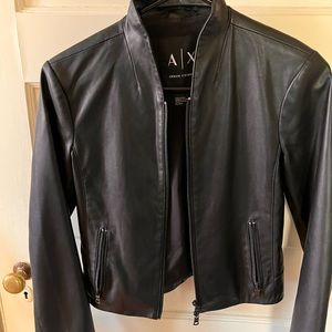 Armani Exchange XS Black leather crop jacket.